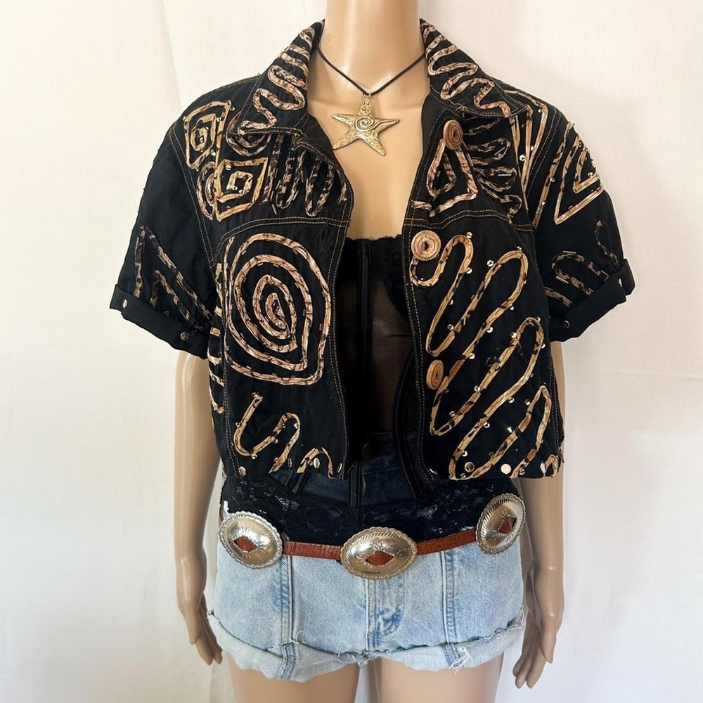 Vintage 1990s Black Cotton Jean cropped collard button down